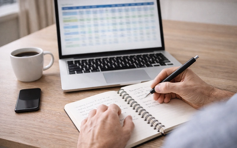 Persona revisando datos de partido de fútbol en portátil