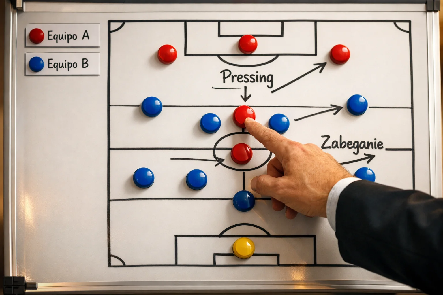 Pizarra táctica de fútbol con formaciones y flechas de movimiento