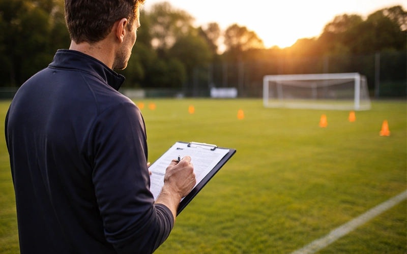 Entrenador explicando jugadas en campo de fútbol