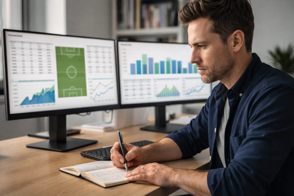Analista deportivo estudiando estadísticas de fútbol en su escritorio con múltiples pantallas
