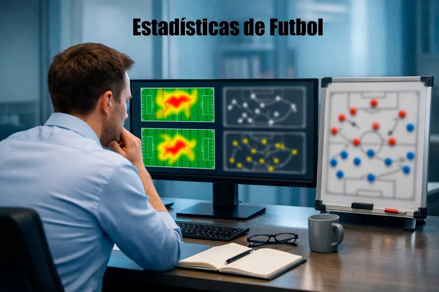 Analista revisando estadísticas de fútbol con gráficos en pantalla