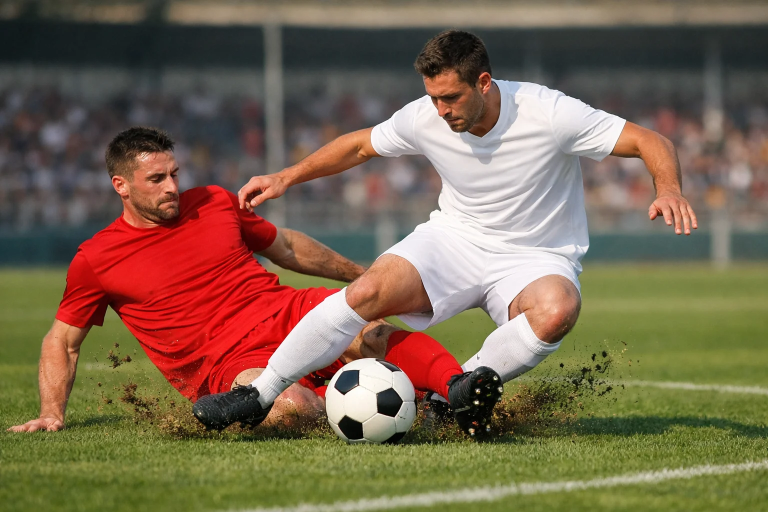 Jugadores de fútbol disputando un balón dividido en el campo