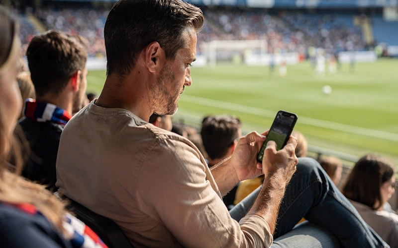 Espectador en grada de estadio observando jugada con smartphone