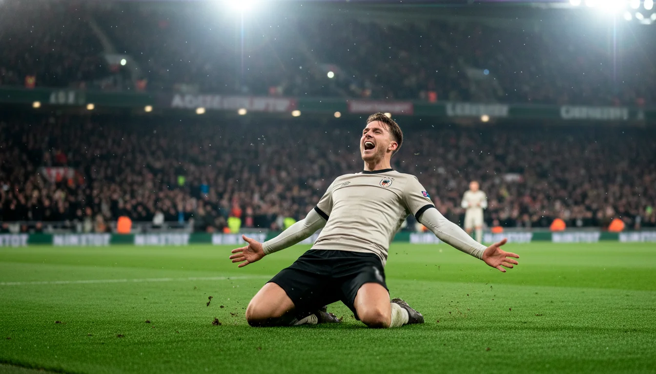 Delantero de fútbol celebrando un gol con emoción en el estadio