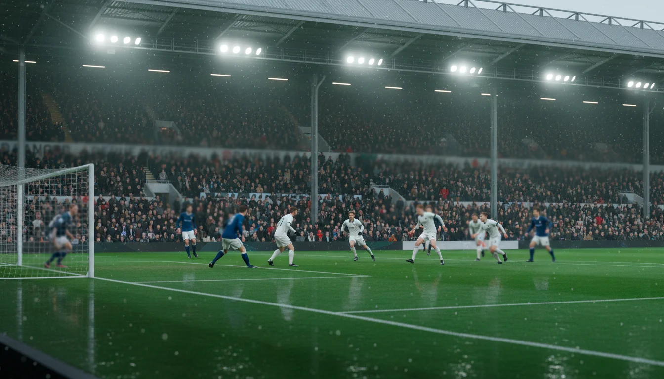 Ambiente lluvioso en un estadio de fútbol inglés durante un partido