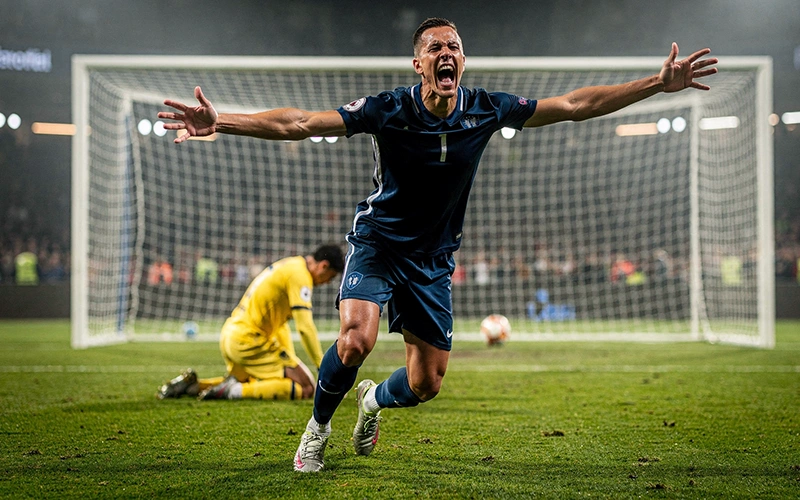 Delantero celebrando gol con portero rival en el suelo