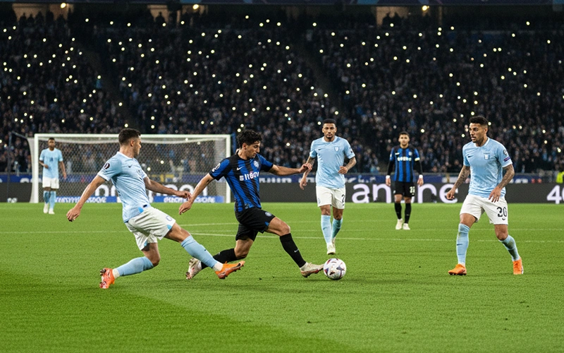 Jugadores de fútbol en partido nocturno europeo