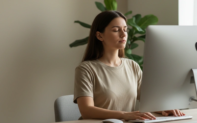 Persona meditando frente a escritorio con ordenador