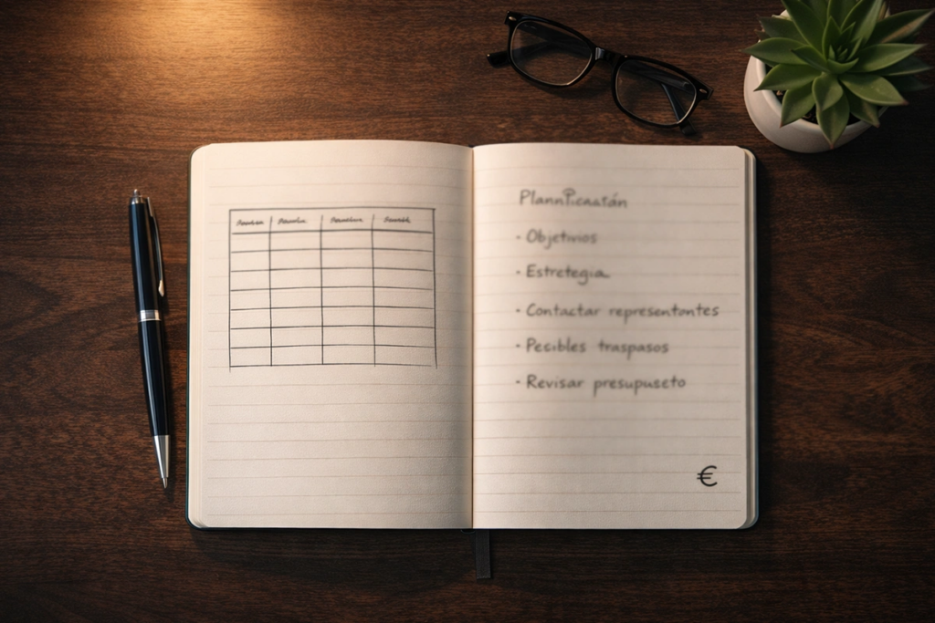 Cuaderno de planificación con notas y estrategias de apuestas deportivas junto a un bolígrafo