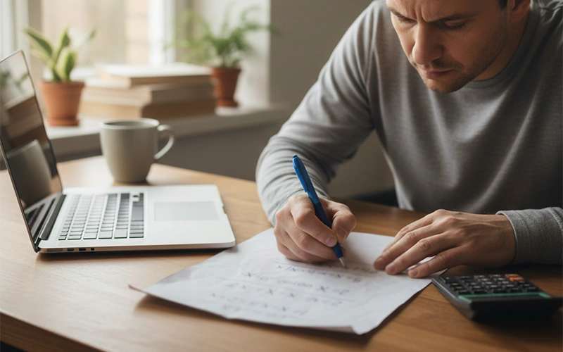 Persona calculando probabilidades con papel y bolígrafo