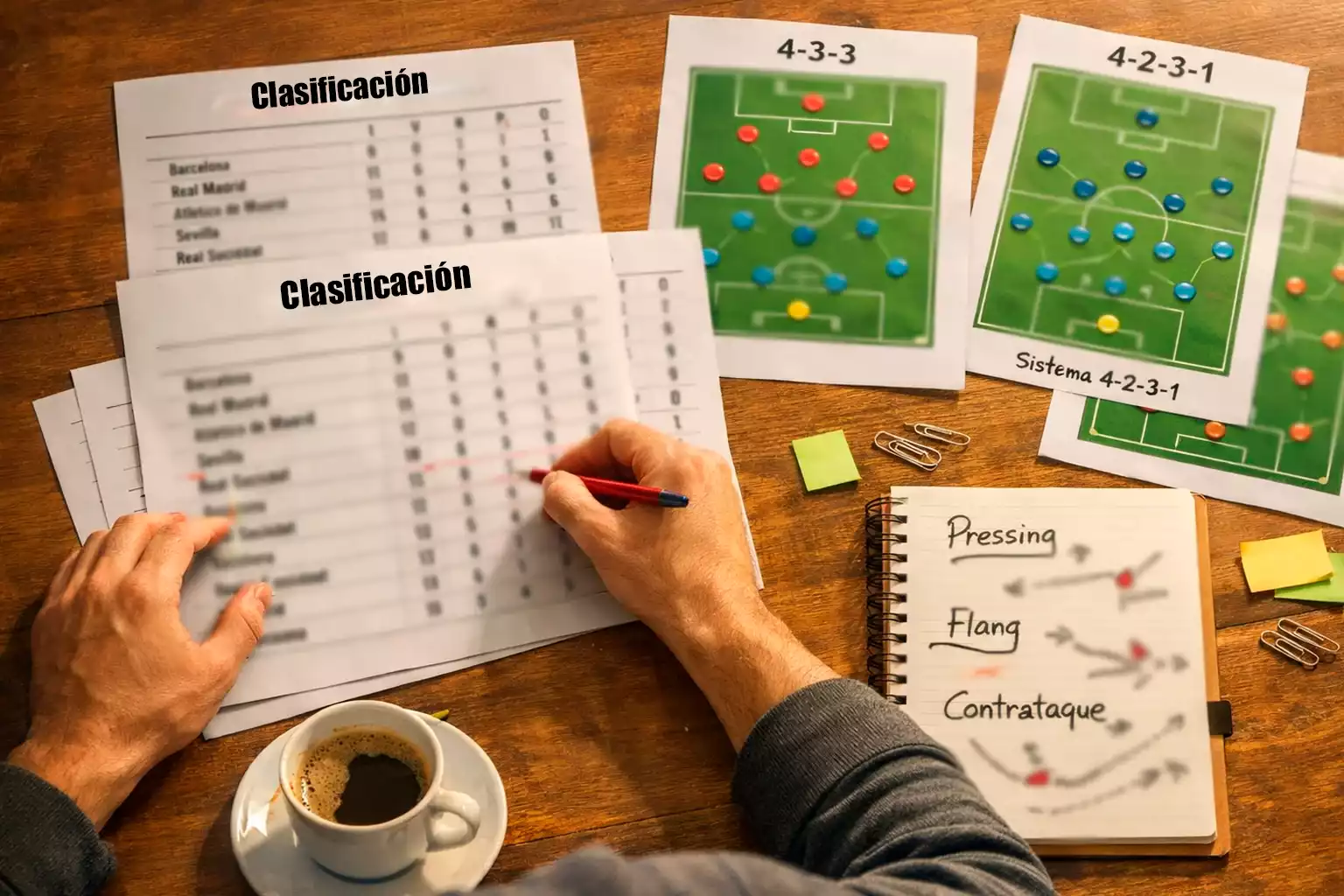 Persona estudiando documentos y estadísticas de una liga de fútbol