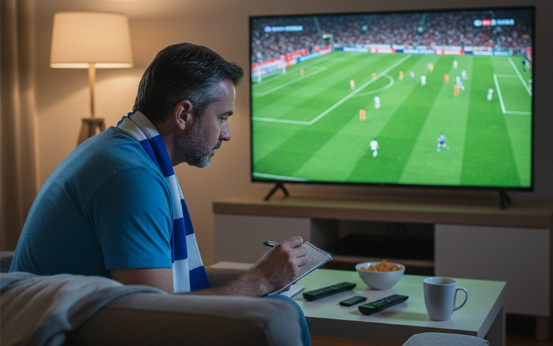 Hincha viendo partido de liga local con atención al detalle táctico