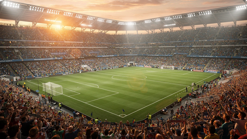 Estadio de fútbol lleno de aficionados con las luces encendidas al atardecer