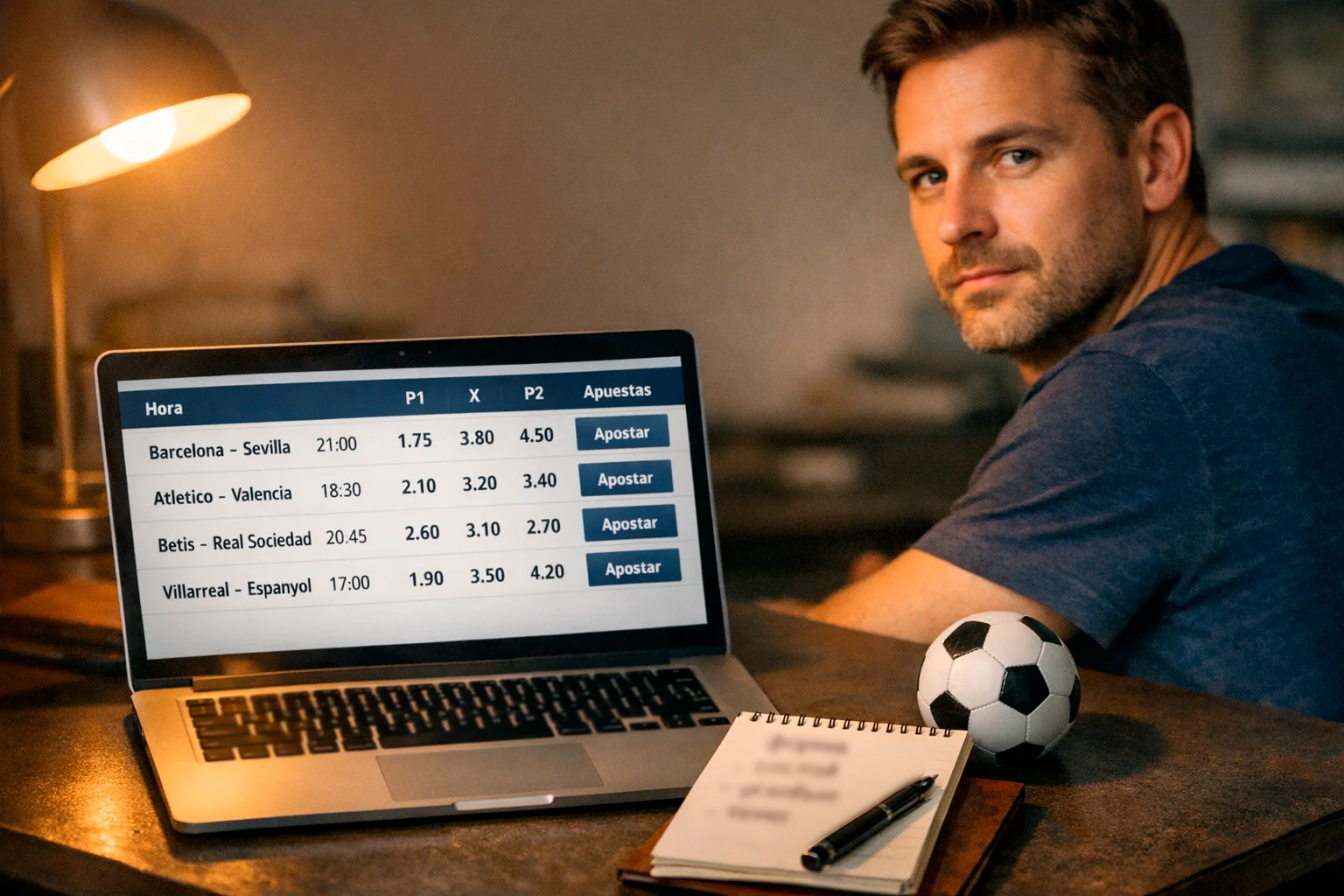 Aficionado analizando cuotas de apuestas de fútbol en su portátil