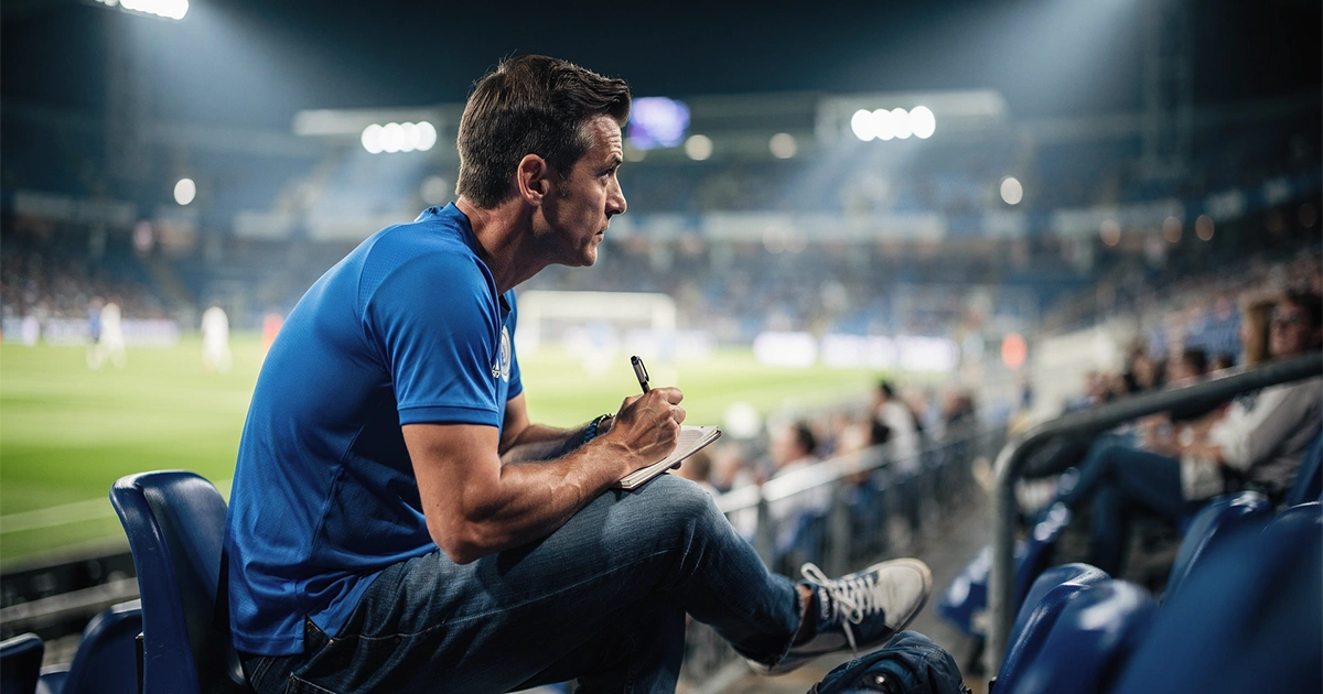 Aficionado analizando partido de fútbol en estadio con libreta de notas