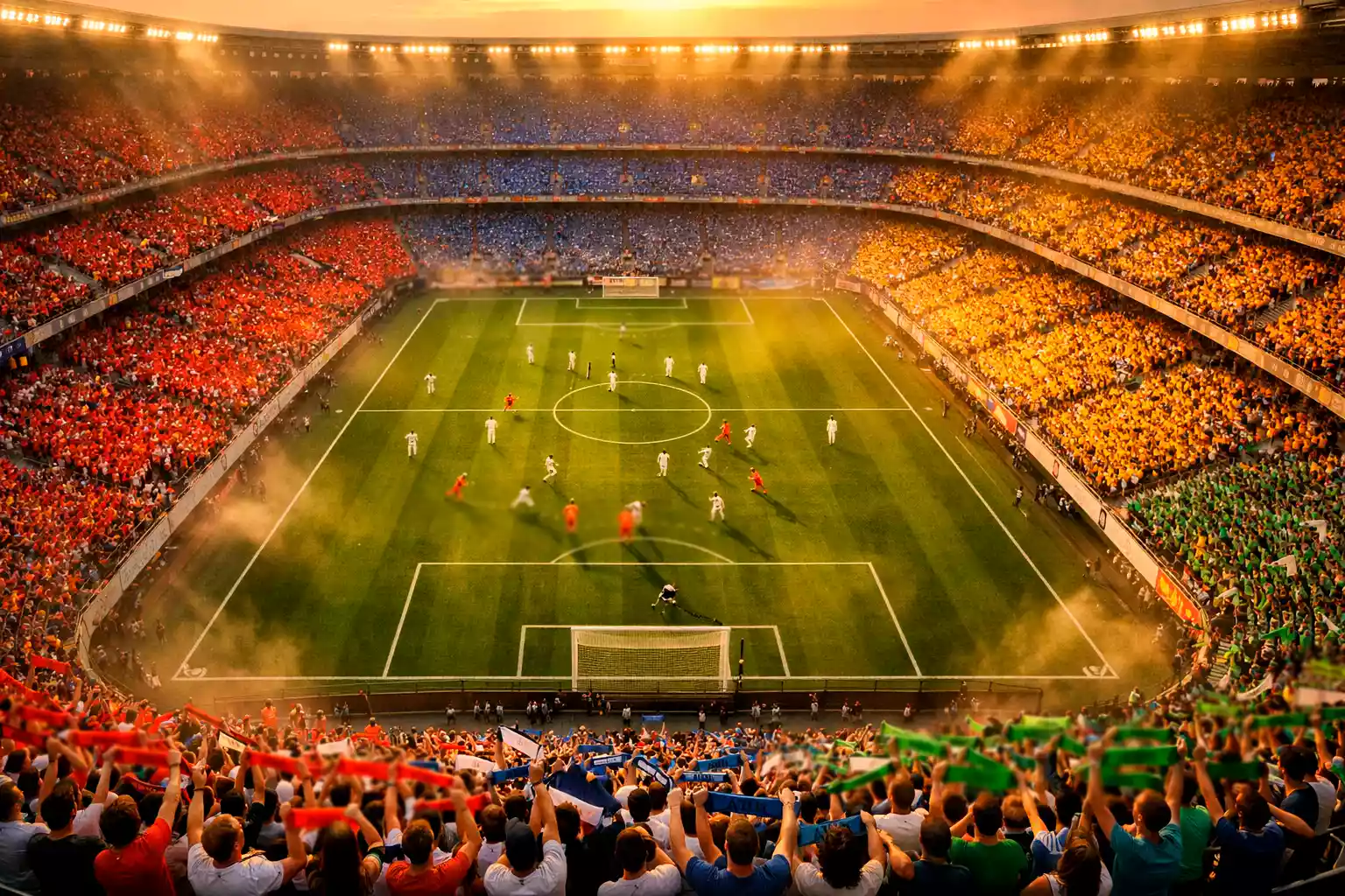 Estadio de fútbol lleno con afición local animando al equipo