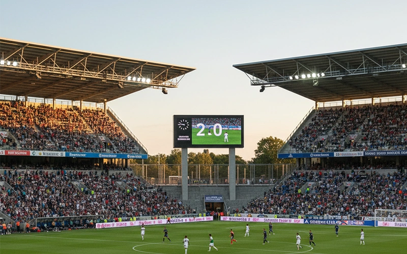 Partido de fútbol con marcador electrónico mostrando diferencia de goles
