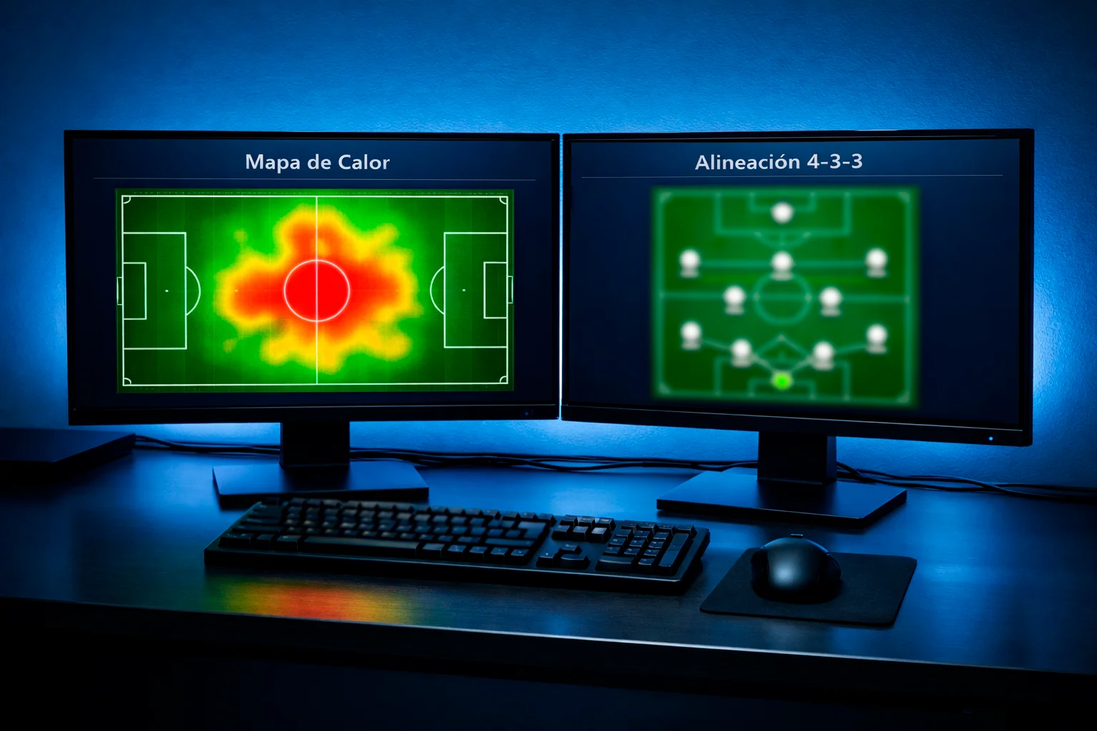 Escritorio con múltiples pantallas mostrando datos de fútbol