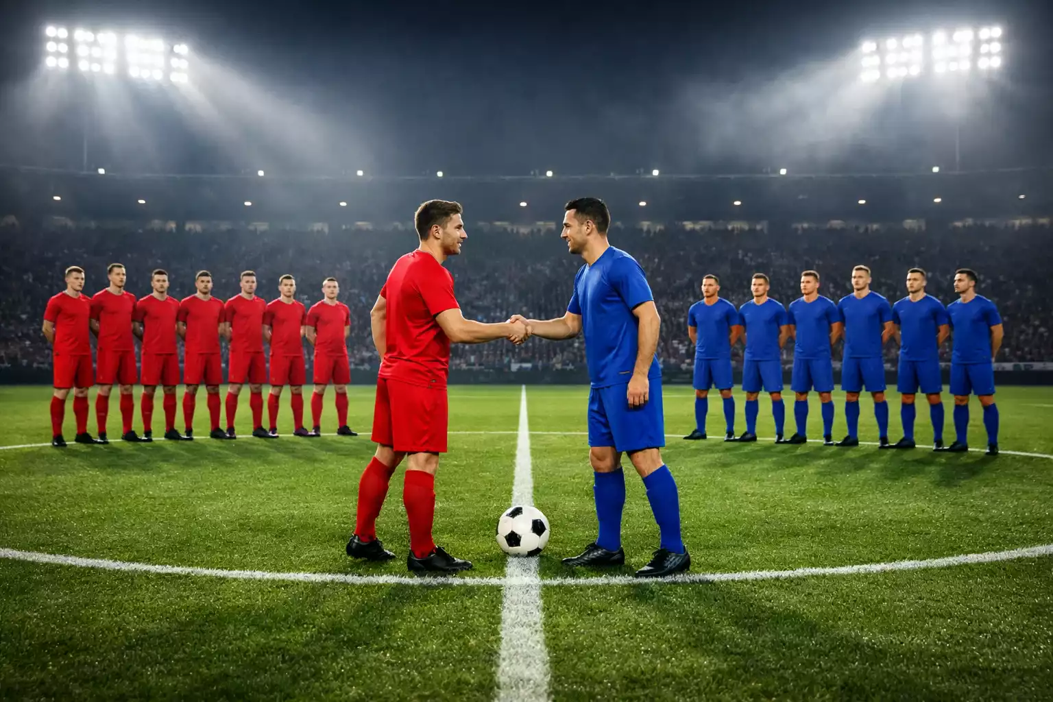 Dos equipos de fútbol enfrentándose en un clásico bajo los focos