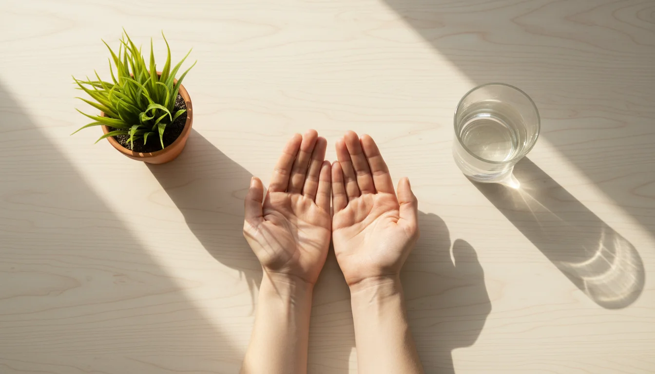 Manos abiertas en gesto de calma y equilibrio sobre una mesa limpia