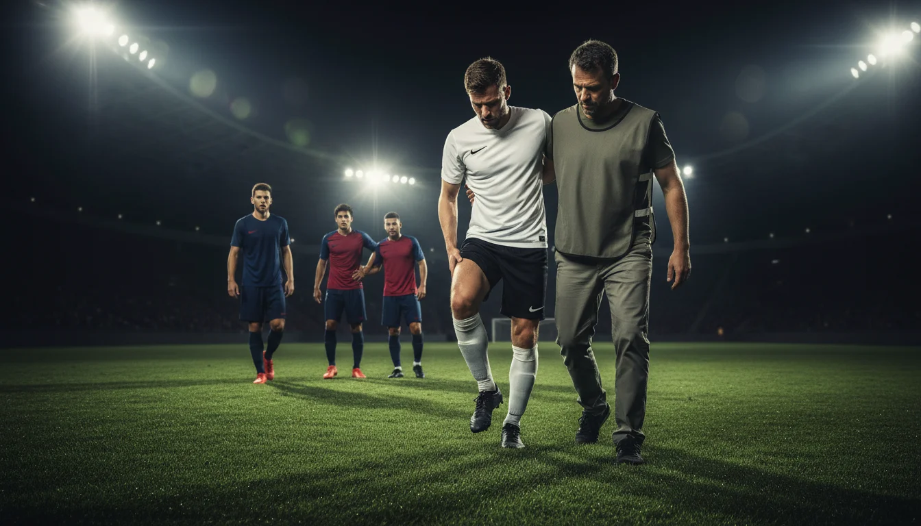 Jugador de fútbol lesionado saliendo del campo con asistencia médica