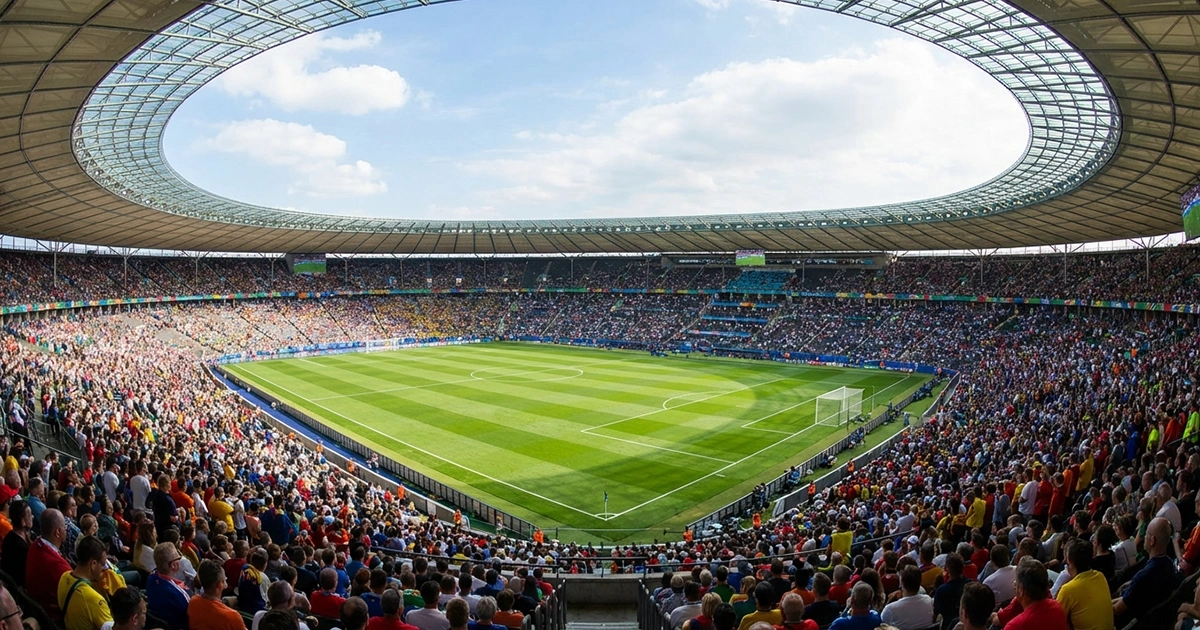 Estadio de fútbol europeo con afición animando