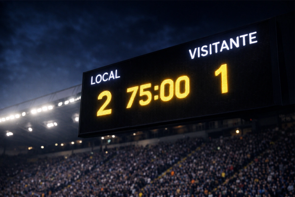 Marcador electrónico de estadio de fútbol mostrando el resultado de un partido
