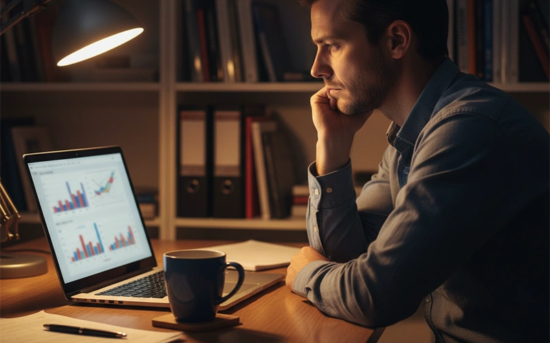 Persona concentrada revisando estadísticas de fútbol en portátil