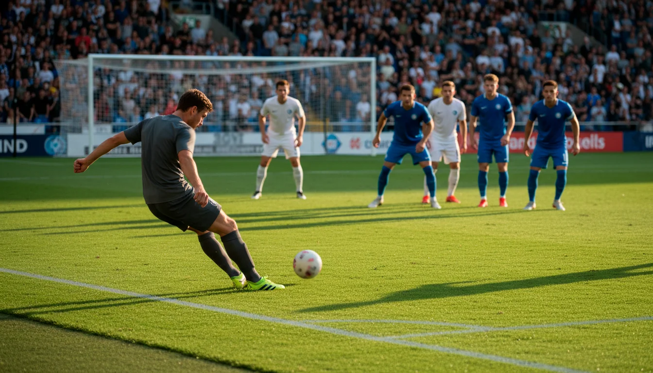 Jugador de fútbol lanzando un córner en un partido profesional
