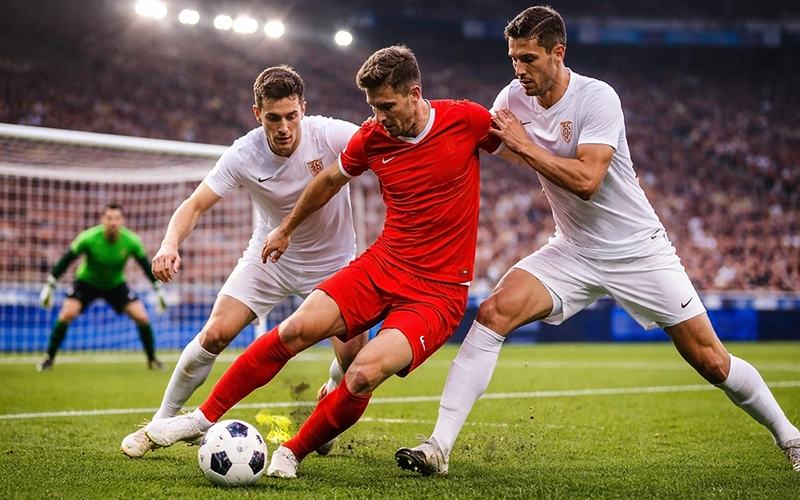 Jugadores de fútbol disputando balón en área de penalti