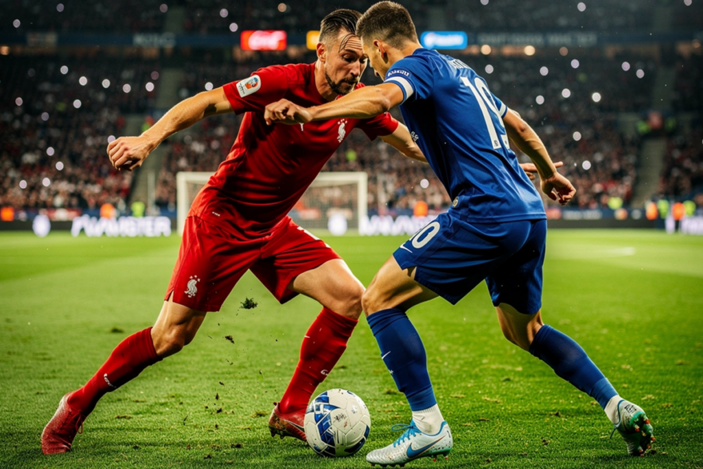 Jugadores de fútbol en un partido de Champions League en un estadio europeo