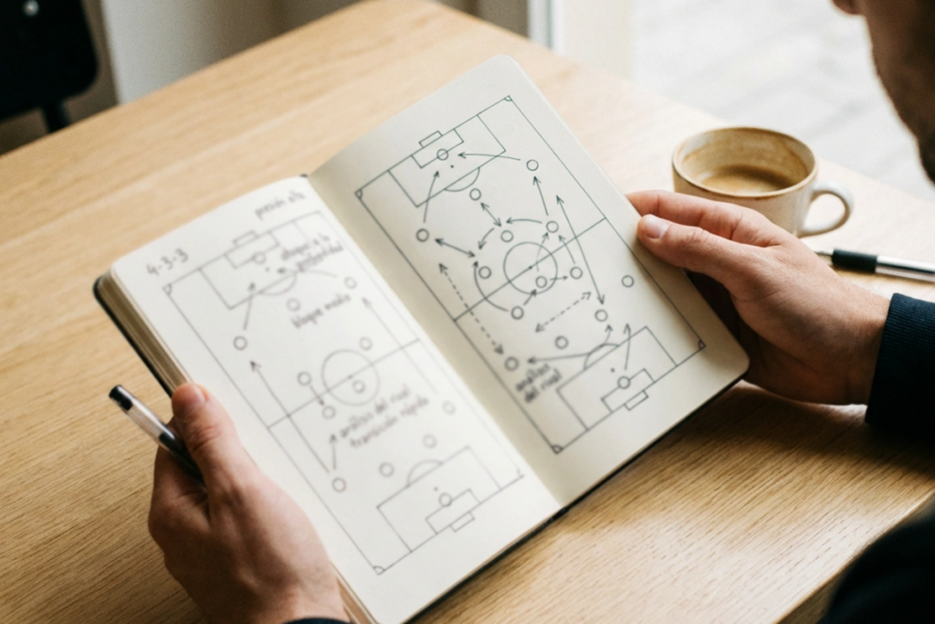 Persona analizando formaciones y alineaciones de equipos de fútbol en una libreta