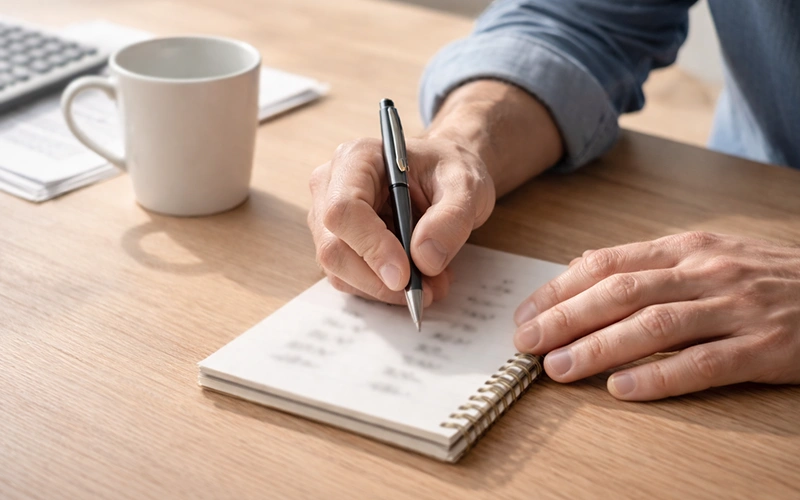Persona escribiendo porcentajes en libreta