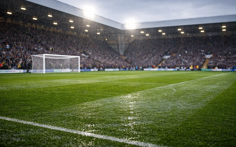 Ambiente de partido de fútbol inglés bajo lluvia