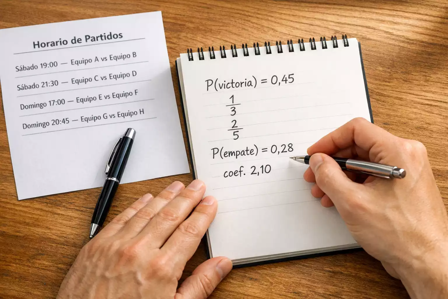 Persona escribiendo cálculos de probabilidad en un cuaderno