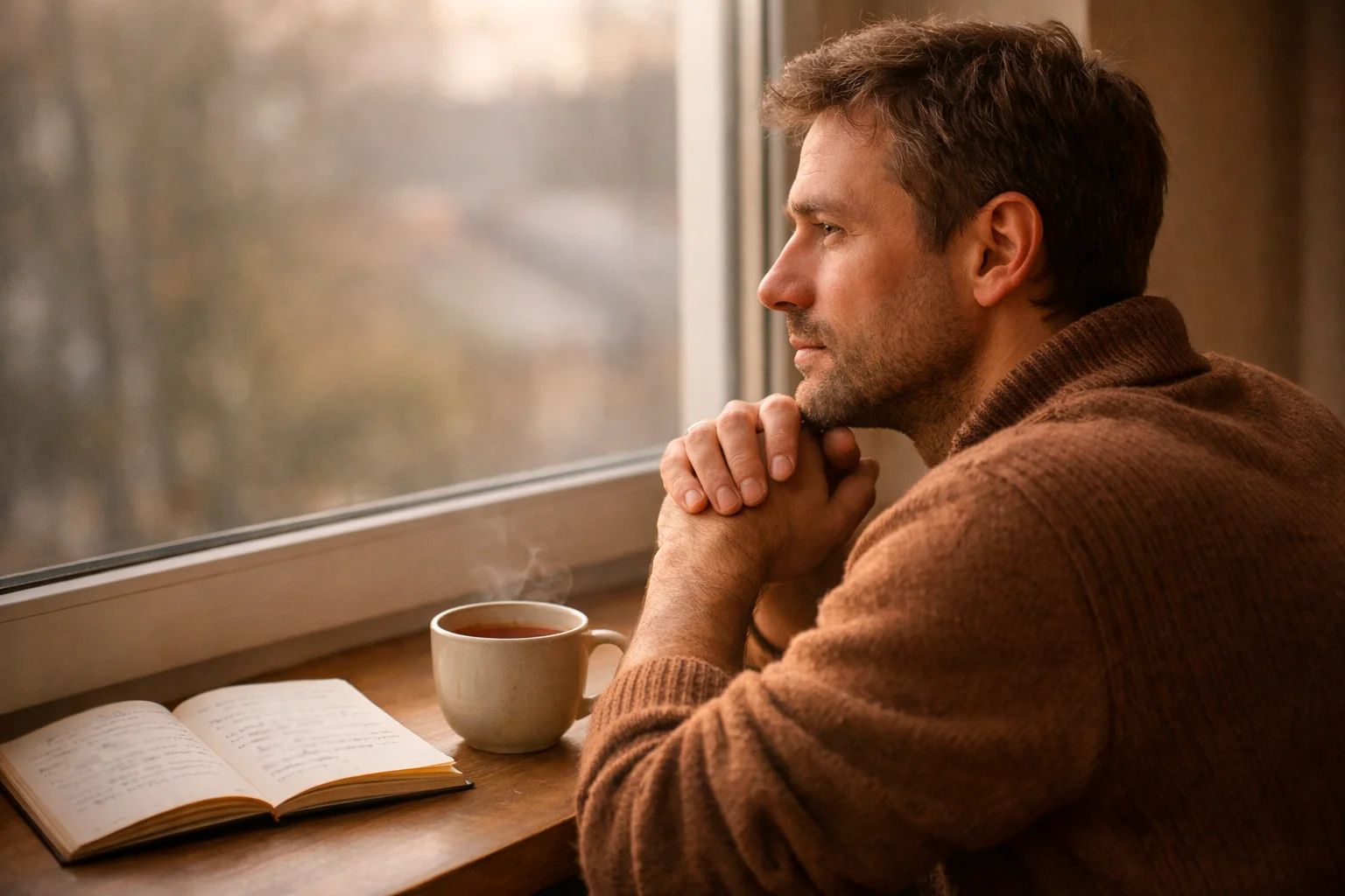 Persona pensativa frente a una ventana reflexionando con calma