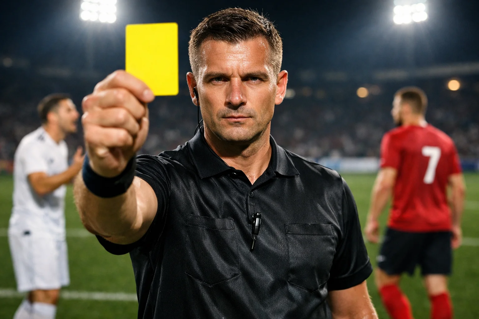 Árbitro de fútbol mostrando tarjeta amarilla durante un partido
