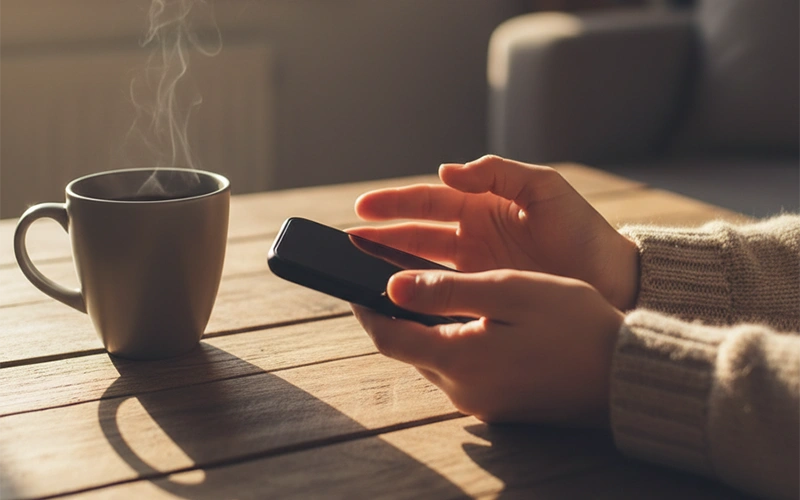 Manos sosteniendo teléfono con gesto de pausa