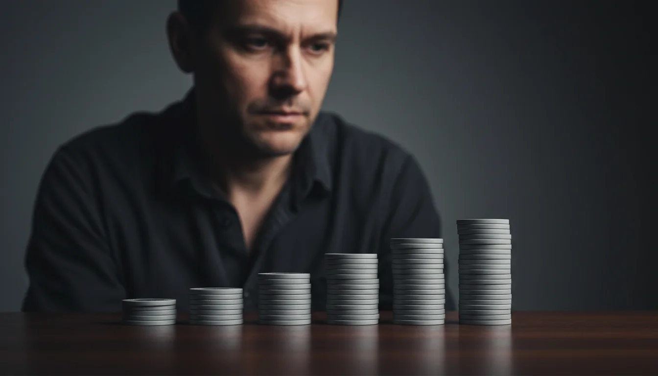 Persona reflexionando frente a una pila creciente de fichas de apuestas
