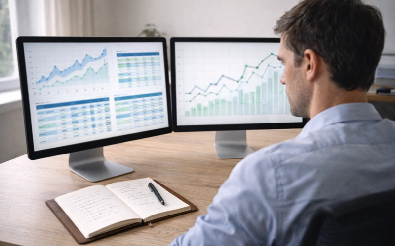 Analista deportivo comparando cuotas en múltiples pantallas